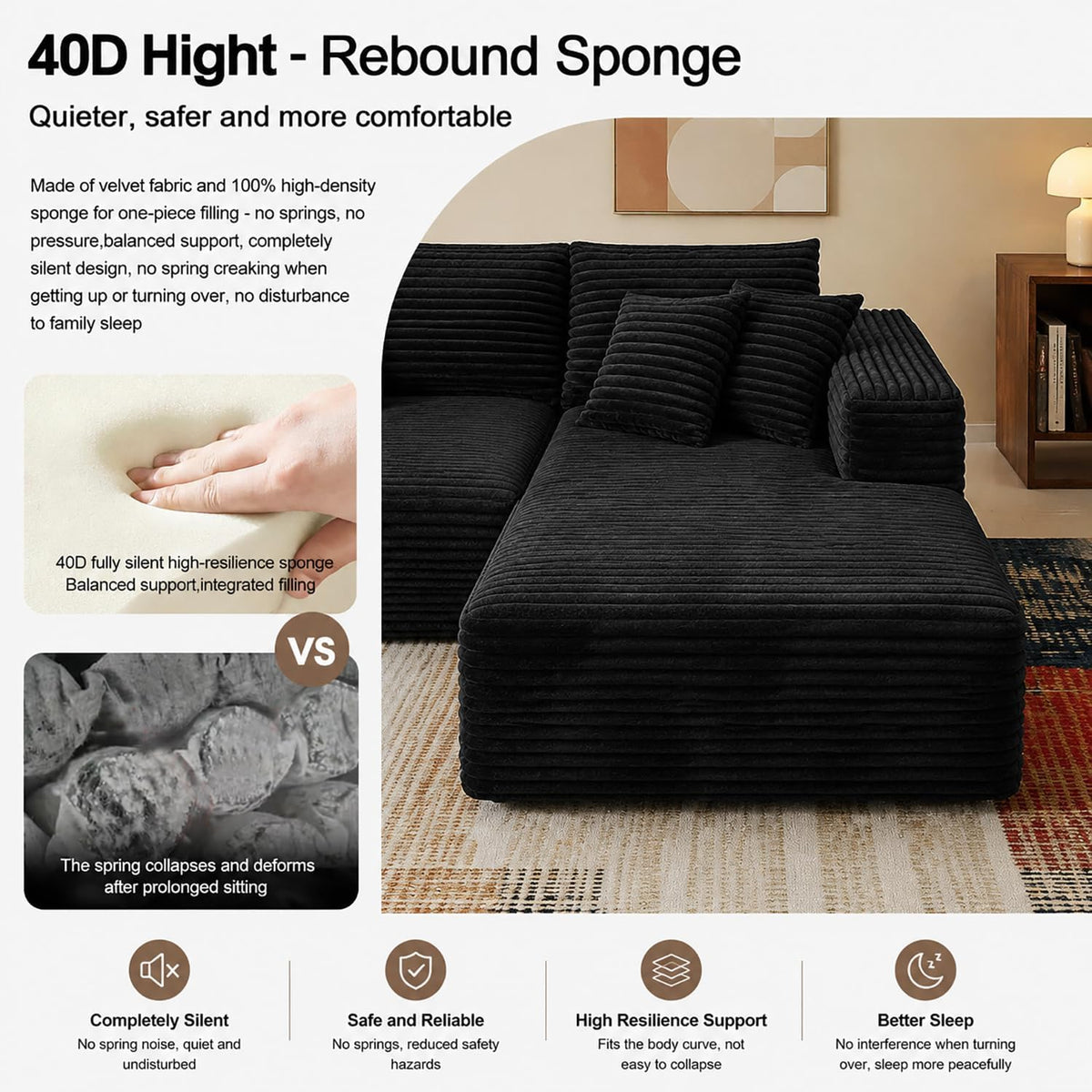 108" Cloud Sectional Couch with L-Shape Chaise,4 Seat Modern Modular Sofa with Deep Seat,Upholstered Couches with Throw Pillows,No Assembly Required Boneless Sofa for Living Room Apartment