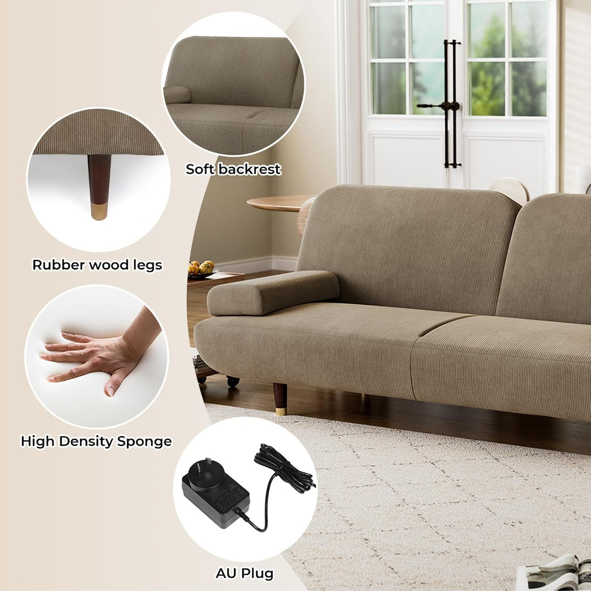 Levede 3-Seater Sofa Bed, with USB Charging Station,Removable Side Table,Corduroy Reclining Sleeper,Convertible Lounge Couch,3 Adjustable Levels Backrest, for Living Room,Bedroom,Apartment, Khaki