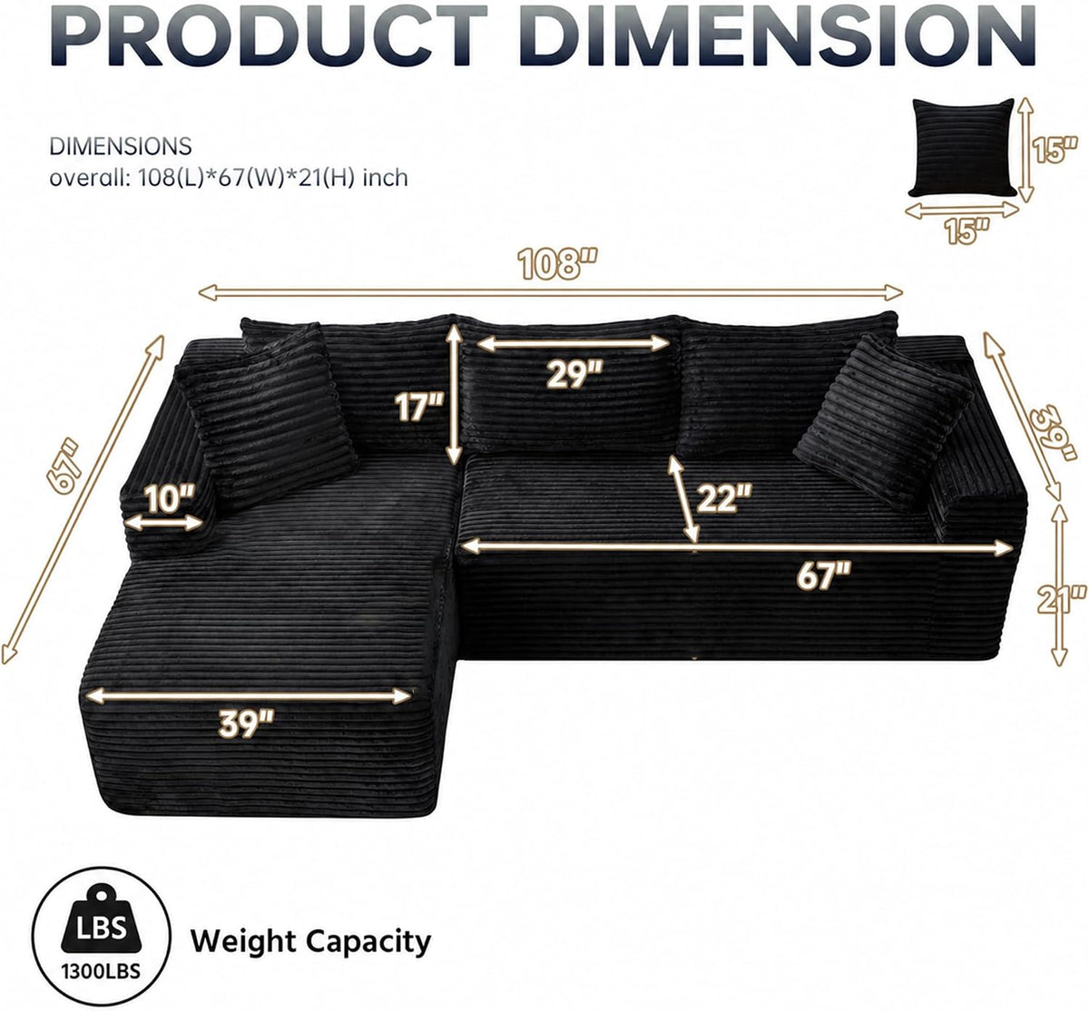 108" Cloud Sectional Couch with L-Shape Chaise,4 Seat Modern Modular Sofa with Deep Seat,Upholstered Couches with Throw Pillows,No Assembly Required Boneless Sofa for Living Room Apartment