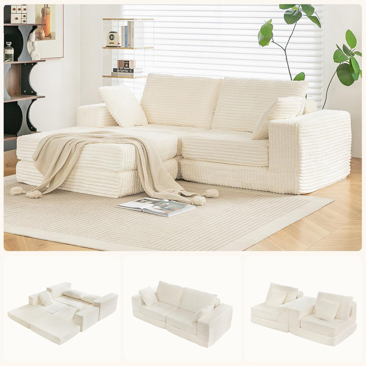 3 Seater Sofa Bed with Ottoman,191cm Modular Sofa