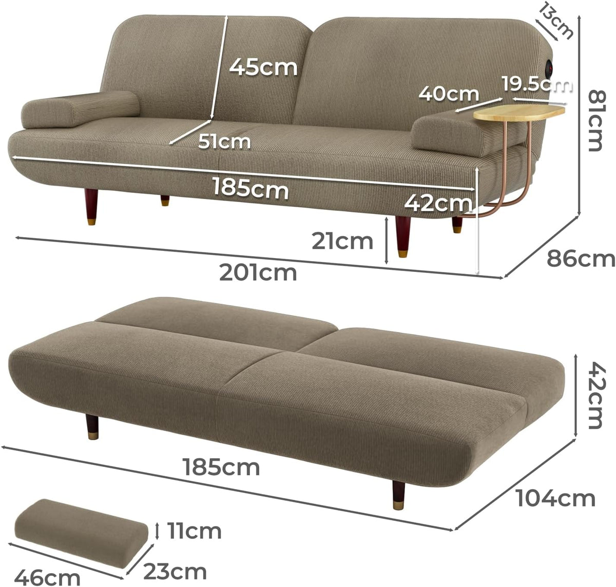 Levede 3-Seater Sofa Bed, with USB Charging Station,Removable Side Table,Corduroy Reclining Sleeper,Convertible Lounge Couch,3 Adjustable Levels Backrest, for Living Room,Bedroom,Apartment, Khaki