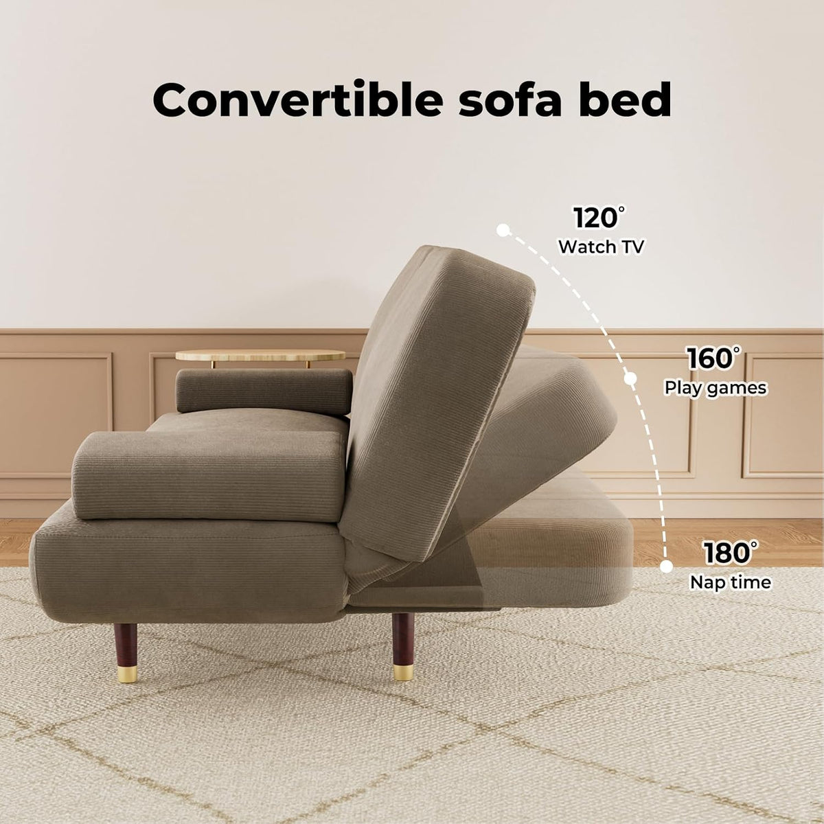 Levede 3-Seater Sofa Bed, with USB Charging Station,Removable Side Table,Corduroy Reclining Sleeper,Convertible Lounge Couch,3 Adjustable Levels Backrest, for Living Room,Bedroom,Apartment, Khaki
