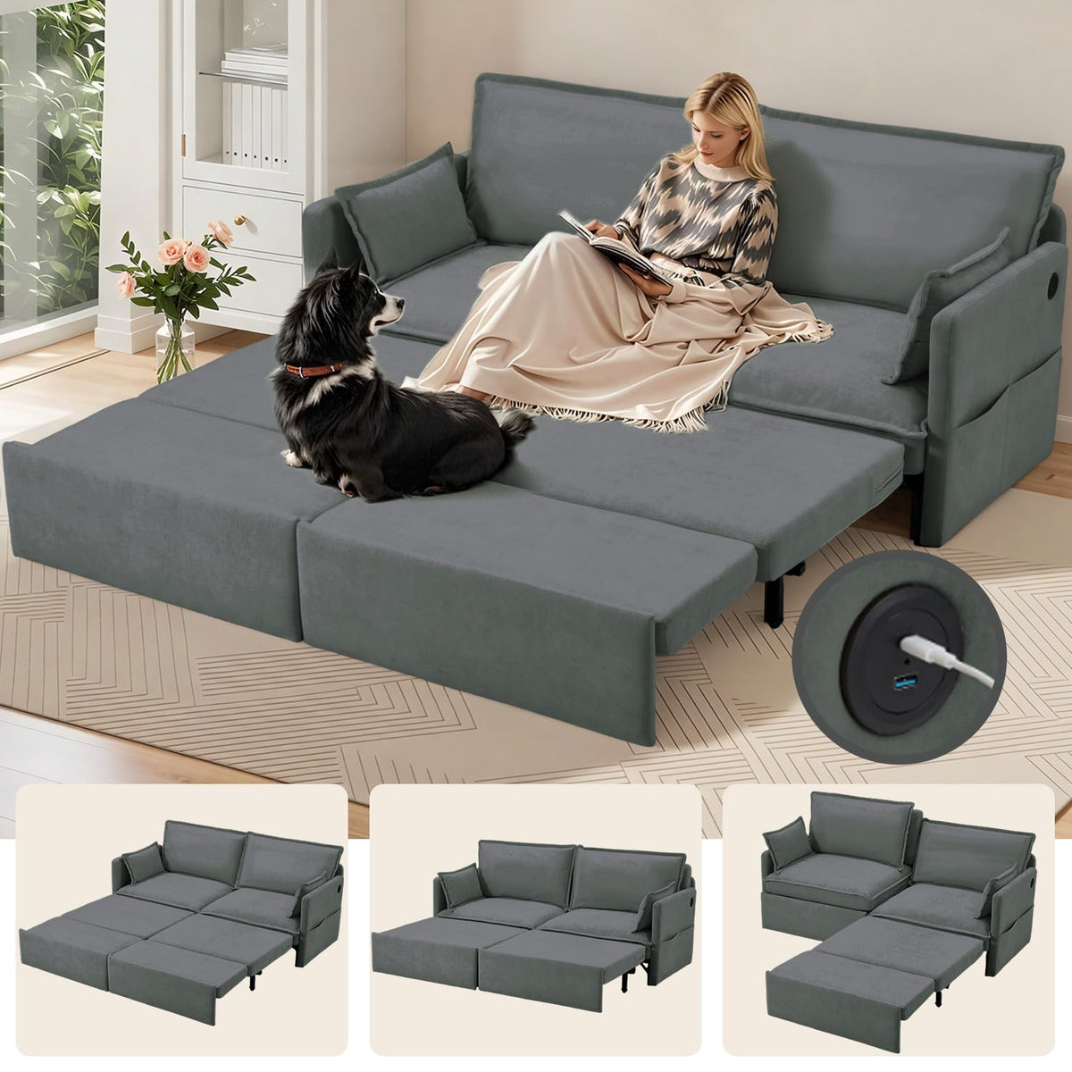 3 Seater Sofa Bed with Ottoman,191cm Modular Sofa