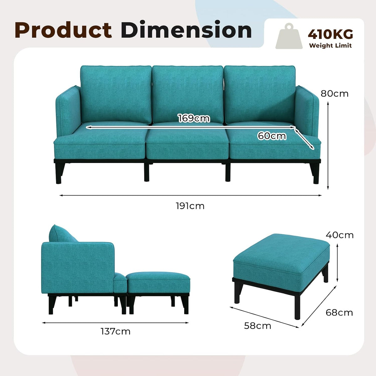 3 Seater Sofa Bed with Ottoman,191cm Modular Sofa