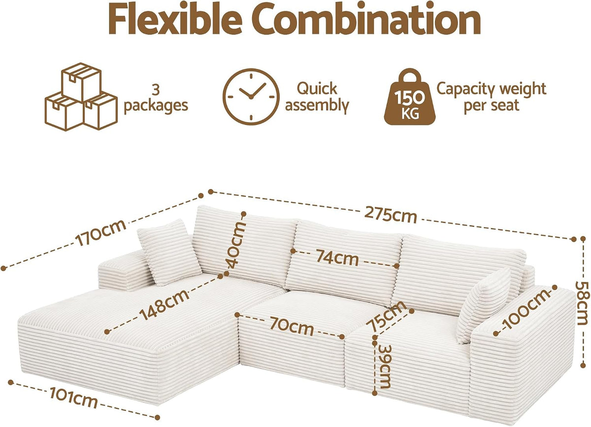 Artiss Modular 3 Seater Sofa L-Shaped White