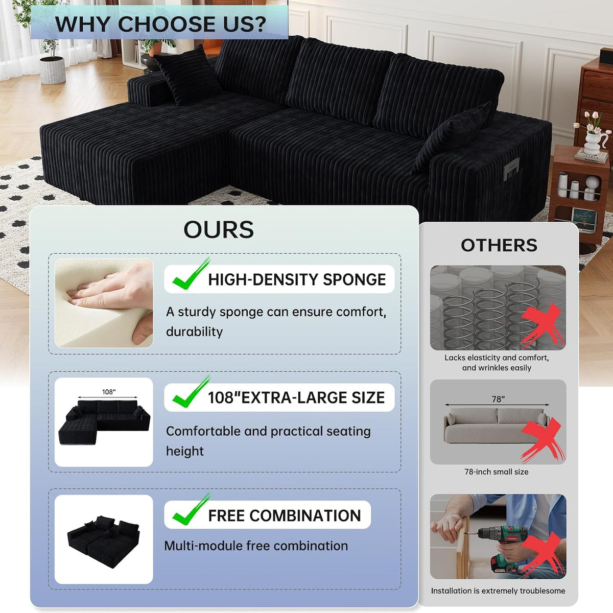 108" Cloud Sectional Couch with L-Shape Chaise,4 Seat Modern Modular Sofa with Deep Seat,Upholstered Couches with Throw Pillows,No Assembly Required Boneless Sofa for Living Room Apartment