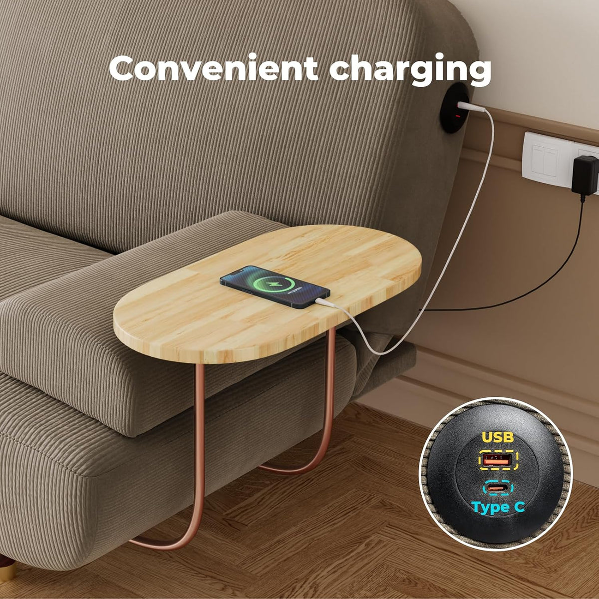 Levede 3-Seater Sofa Bed, with USB Charging Station,Removable Side Table,Corduroy Reclining Sleeper,Convertible Lounge Couch,3 Adjustable Levels Backrest, for Living Room,Bedroom,Apartment, Khaki
