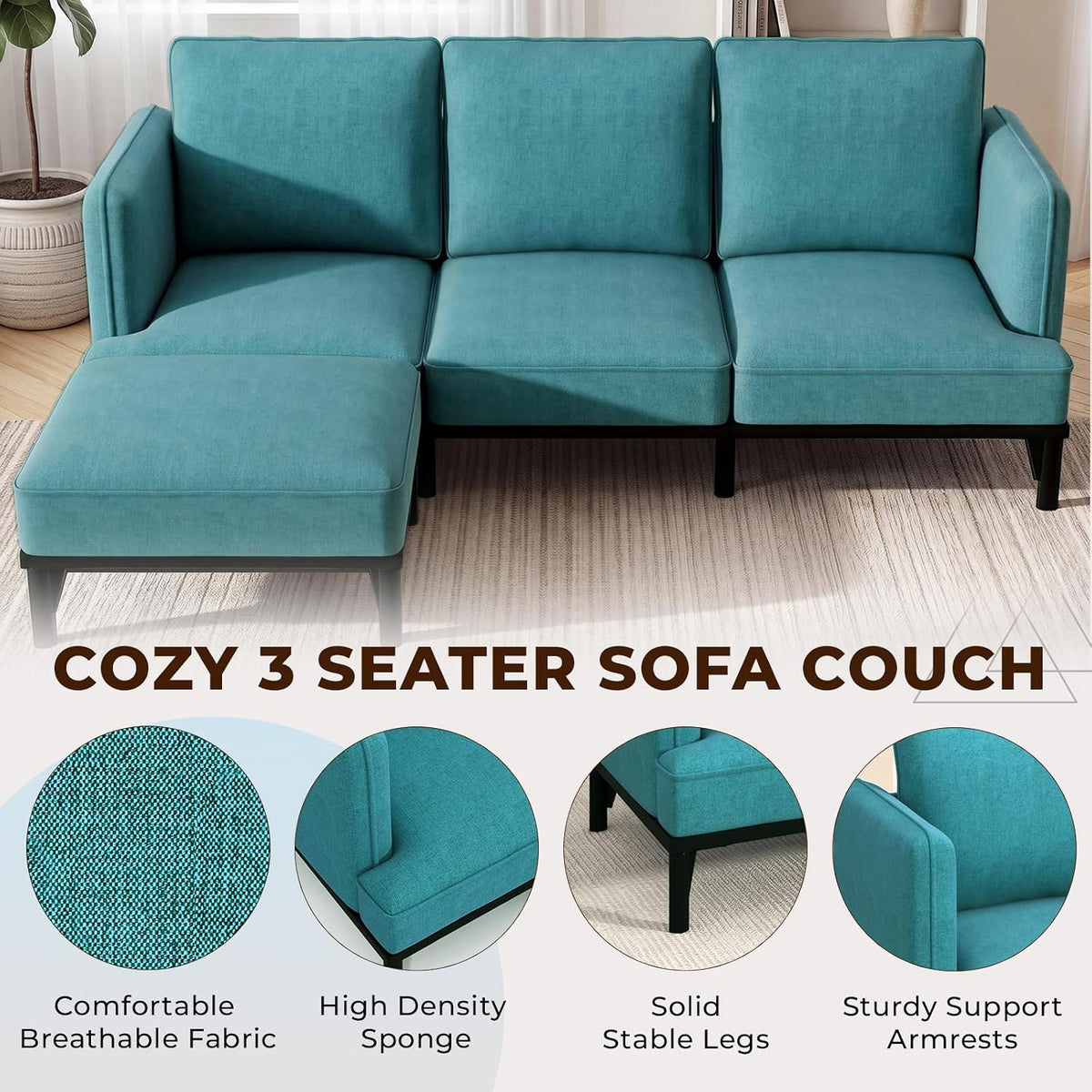 3 Seater Sofa Bed with Ottoman,191cm Modular Sofa