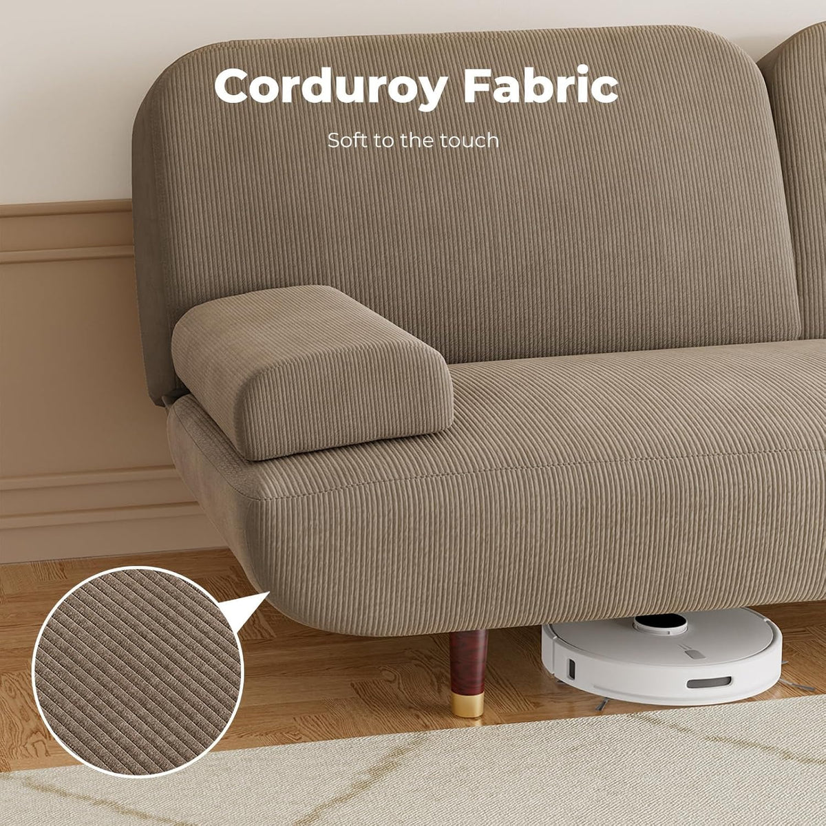 Levede 3-Seater Sofa Bed, with USB Charging Station,Removable Side Table,Corduroy Reclining Sleeper,Convertible Lounge Couch,3 Adjustable Levels Backrest, for Living Room,Bedroom,Apartment, Khaki