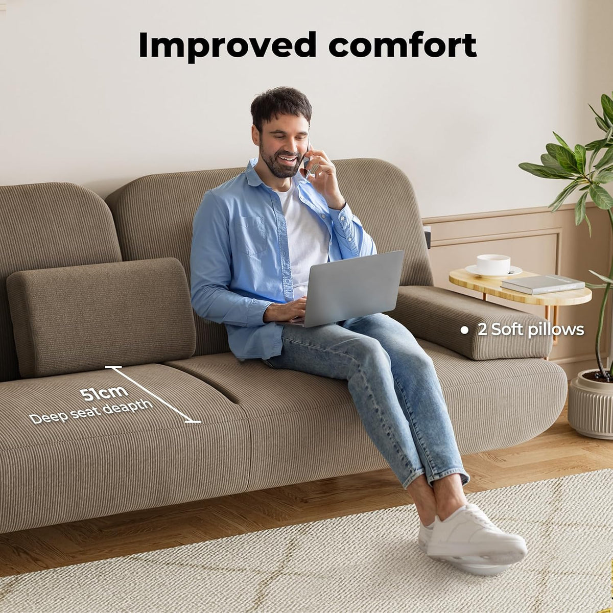 Levede 3-Seater Sofa Bed, with USB Charging Station,Removable Side Table,Corduroy Reclining Sleeper,Convertible Lounge Couch,3 Adjustable Levels Backrest, for Living Room,Bedroom,Apartment, Khaki