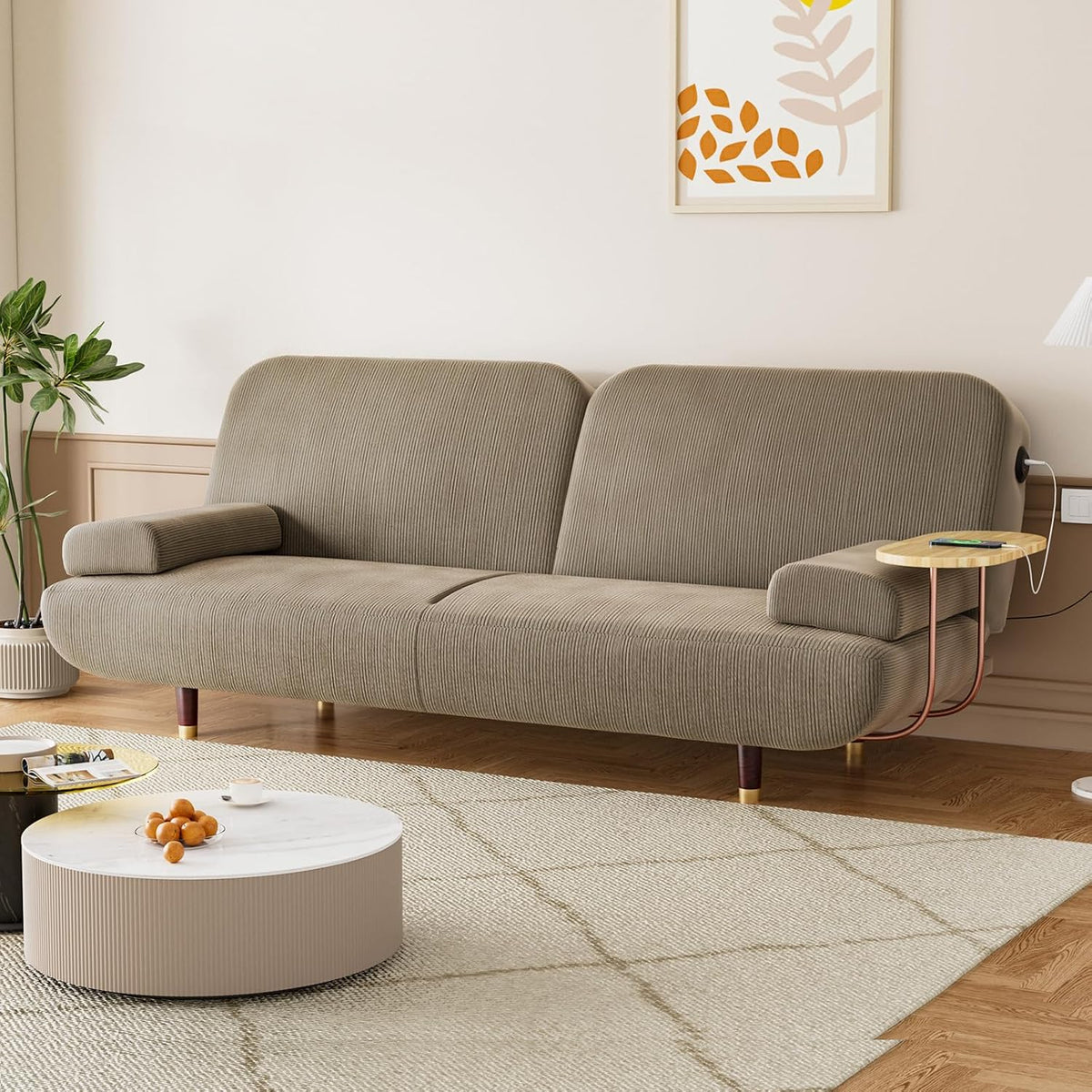 Levede 3-Seater Sofa Bed, with USB Charging Station,Removable Side Table,Corduroy Reclining Sleeper,Convertible Lounge Couch,3 Adjustable Levels Backrest, for Living Room,Bedroom,Apartment, Khaki