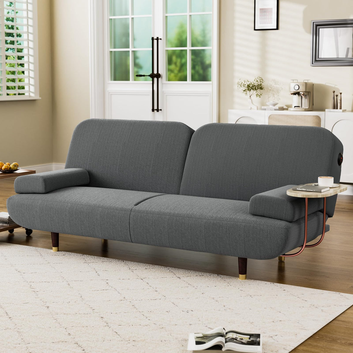 Levede 3-Seater Sofa Bed, with USB Charging Station,Removable Side Table,Corduroy Reclining Sleeper,Convertible Lounge Couch,3 Adjustable Levels Backrest, for Living Room,Bedroom,Apartment, Khaki