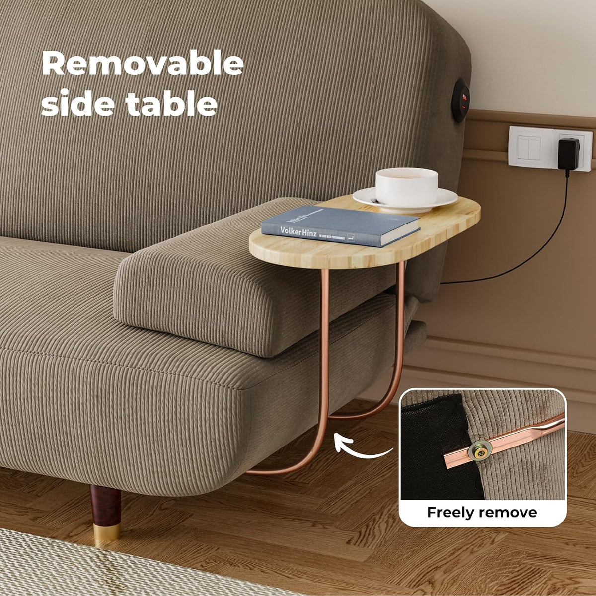 Levede 3-Seater Sofa Bed, with USB Charging Station,Removable Side Table,Corduroy Reclining Sleeper,Convertible Lounge Couch,3 Adjustable Levels Backrest, for Living Room,Bedroom,Apartment, Khaki